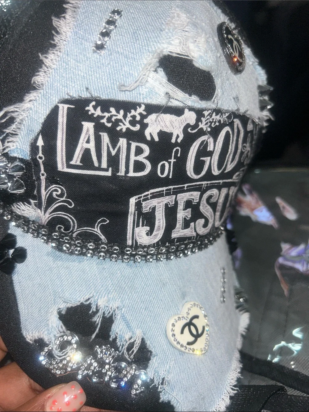 Lamb of God Jesus Denim Patch Baseball Cap - Light Blue & Black